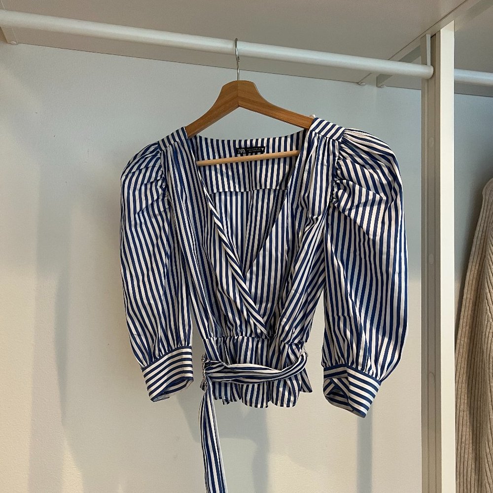 Zara blue and white striped belted blouse